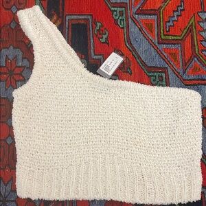 Banana Republic Cream Textured One-Shoulder Top with Red Pattern Detail